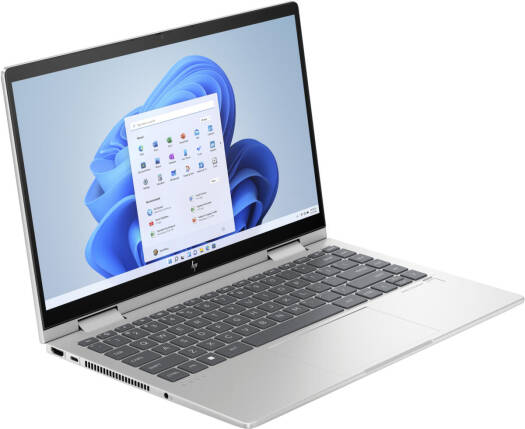 Open HP Envy White laptop displaying a desktop screen with icons on a white background