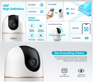 Dahua Hero A1 Pan/Tilt WiFi Security Camera, 360° Coverage, Human & Pet Detection, Auto Tracking, Two-Way Audio, Night Vision, Privacy Mode, HD Indoor Camera for Home & Office, 5MP
