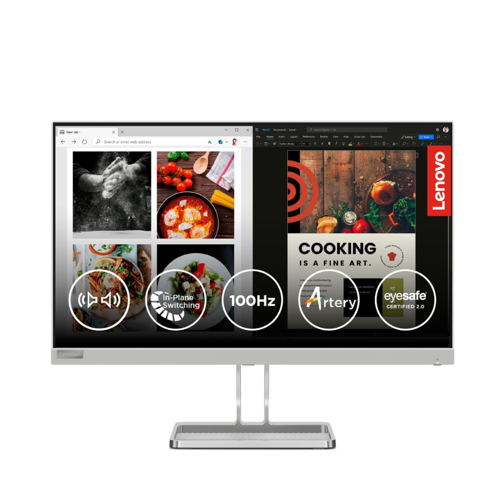 Lenovo L-Series 60.45cm (24 inch) FHD IPS Ultraslim Monitor | 100Hz, 99% sRGB, AMD FreeSync, HDMI, Tilt Stand, 2x3W Speakers, Smart Display Customization Artery, Home & Office Use, Cloud Grey, L24i-40