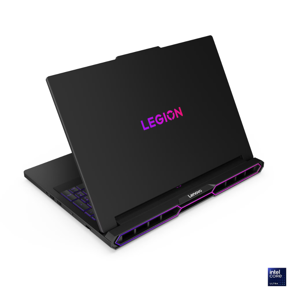 Black Lenovo Legion laptop with pink LEGION logo on a white background