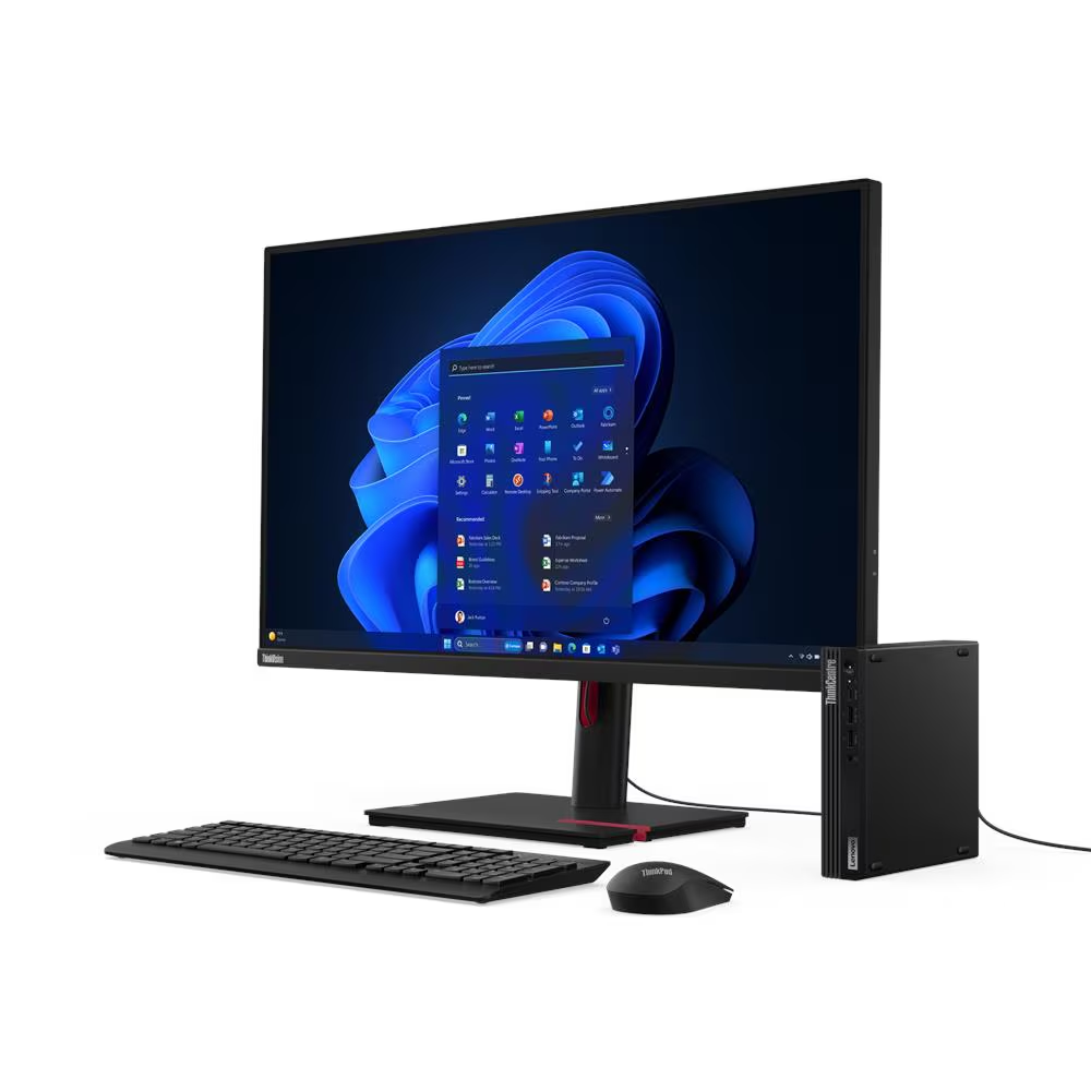 Black Lenovo Monitor with Black Lenovo Mini PC and wireless keyboard and Mouse on white background
