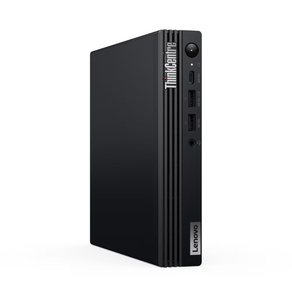 Black Lenovo ThinkCentre mini PC on a white background