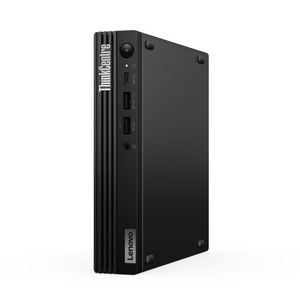 Black Lenovo ThinkCentre mini PC on a white background