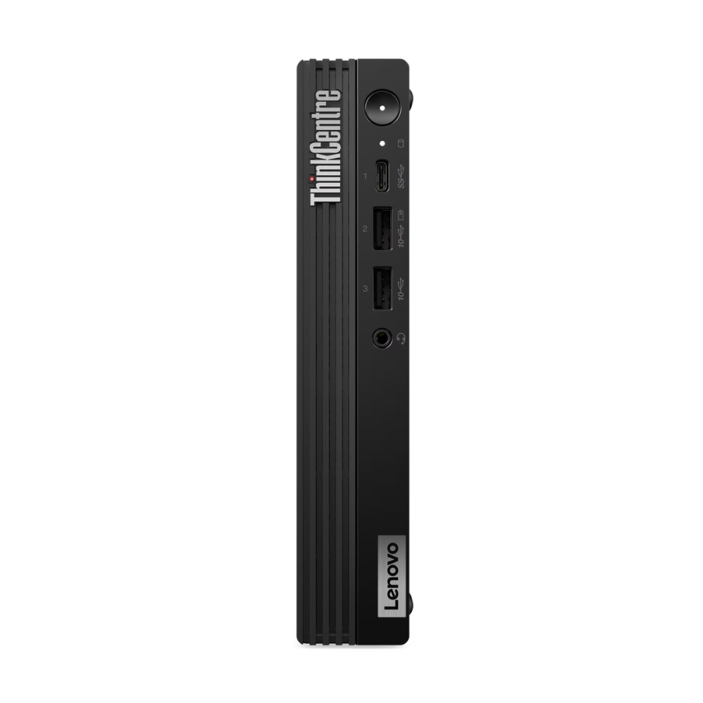 Front view of Lenovo Mini PC, showing the ports available from the front: 3.5mm Audio, Type-C, 2 Type-A, and the power button.