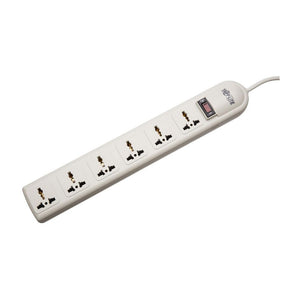 Rear view of a Tripplite 6-outlet surge protector highlighting the 2-pin connection